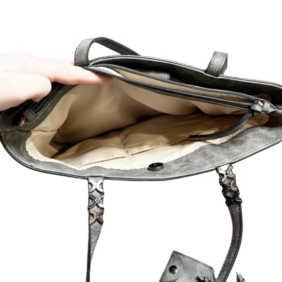 Grey Charming Charlie Large Double Handle Tote Bag Silver Beaded Detail Purse - Picture 9 of 16